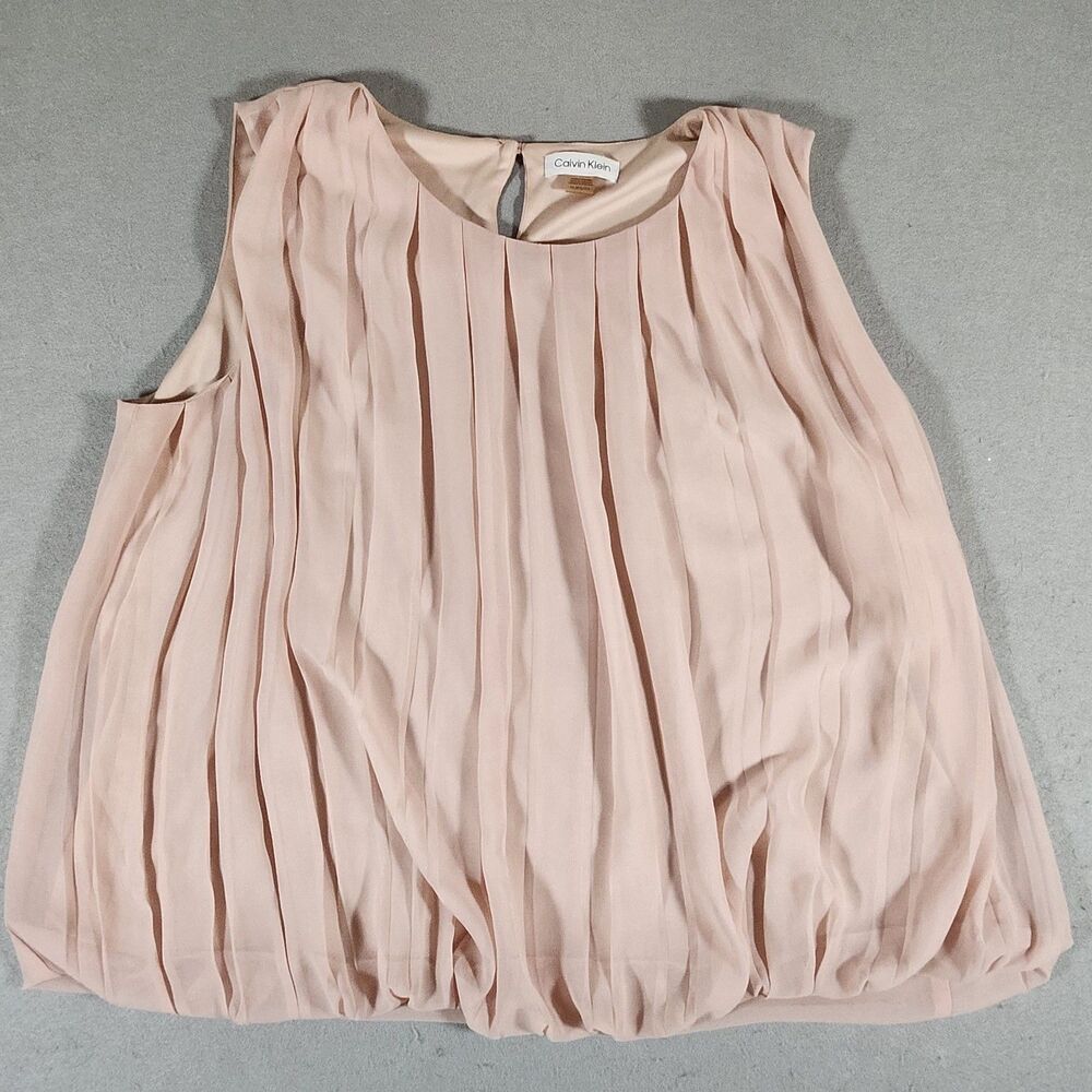 Calvin Klein Pink Sleeveless Pleated Chiffon Blouse with Bubble Hem Size XL - Picture 2 of 9